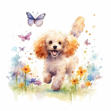 Playful poodle chasing butterflies in a sunlit garden, its tail wagging with excitement, capturing its joyful and lively spirit, white background, watercolor clipart