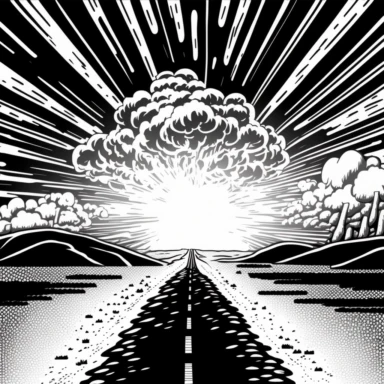 Post-apocalyptic background, stylized clipart icon of a strairway to a nuclear explosion, lineart, black and white bold stencil drawing, in the style of comic book sketch