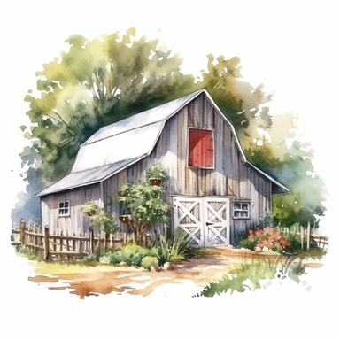 farm barn, a building made of typical American white wood, lots of plants, trees behind the building, watercolor, clipart, realistic