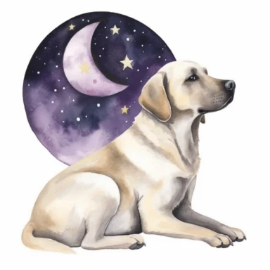 celestial watercolour Labrador clipart, on white background, stars, nebula, moon, galaxy, soft colours
