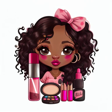stickers, clipart, very beautiful woman dark skin wavy hair. manga style kawai kpop chibi. luscious pink lips. rosy cheek. nice makeup. dynamic picture. she is getting a manicure. white background.8K.very detailed. full body detail.
