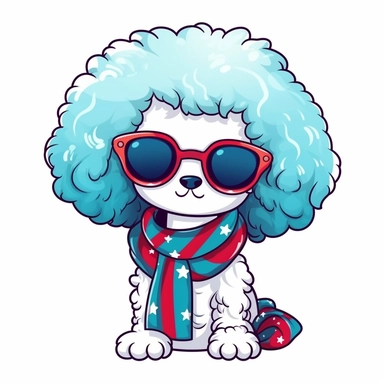 funny kawaii Poodle Dog with Balenciaga sunglasses and cool bandana or necklaces,cute illustration, Amarican flag wrapped, clipart, white backgound, Cuttable Design