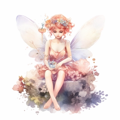 Fantasy Style Animated style tiny fairy sitting on little flower with watercolor effect,many twinkles,suitable for digital clipart,white background,Mythologic Scene,Ancient rome fashion,cartoon style,soft colours