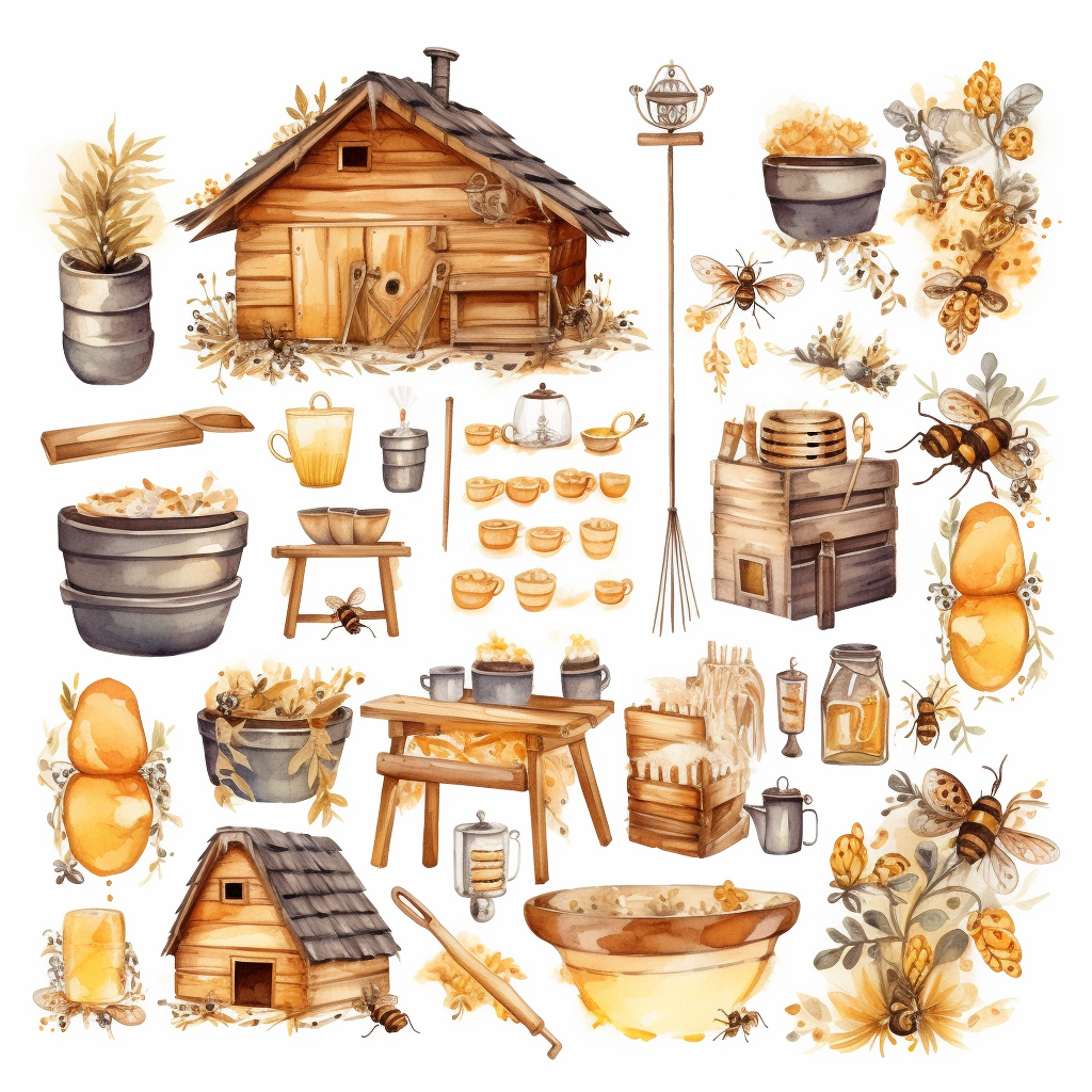 Watercolor boho backyard beekeeping , illustrations clipart set, simple ...