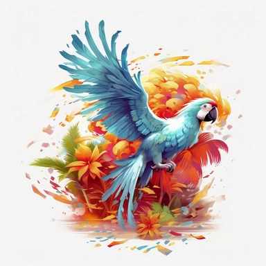 print artwork of majestic palm tree in digital painting style, tropical cockatoo close view, water splashes, white background, colorful fantasy flower sorround, highly detailed clean, vector image, photorealistic masterpiece, professional photography, rea