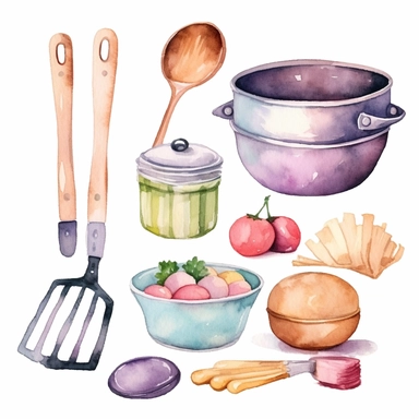 Cooking items art watercolor clipart, minimalist, soft pastel colors 8k, isolated transparent background, 4 times spaced out