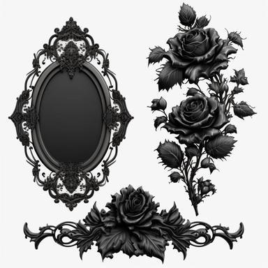 isolated image on white background, Ornate Black Rose Frames Clipart, vintage antique royal frames with decorative Gothic Baroque scrolls