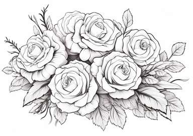 b&w lineart, white background, picture, coloring book style, only draw outlines, clean coloring book page, No dither, no gradient, strong outline, No fill, No solid, Roses Floral Bouquets clipart