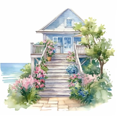 Watercolor ocean seascape cottage garden with stairs and the balcony clipart, white background