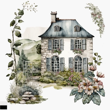antique french flower farm, close up look at the antique french farm house wwith long broad windows and french doors along all house, light colors, watercolor clipart, single design, print on demand image, PNG transparent background