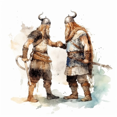 two vikings greeting each other on land watercolor clipart