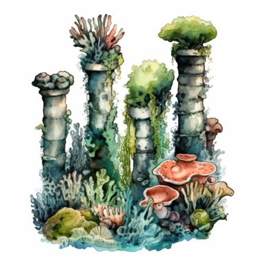 Horror style overrealistic mystical hellenistic columns covered mosses and seashells bottom of the sea with watercolor effect, dark blue water, dark green mosses, deep water, sea plants, coral and mussel, , random fishes, undersea details, suitable for digital clipart, white background