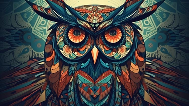 Animated gradients morphing into a vector clipart of an owl, with intricate patterns and decorative elements inspired by various cultures and art styles, combining traditional motifs with a modern twist, Ethnic Art Fusion, using a combination of geometric shapes, intricate linework, and vibrant colors to create a visually rich and culturally diverse owl design,