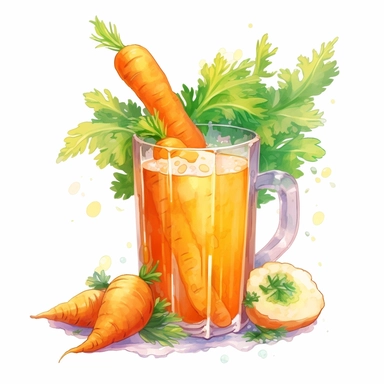 Carrot ginger juice logo watercolor,simple Watercolor, hyper realistic, white background, white margins, 16k, ultra detailed clipart, cut out image, hand - drawn, whimsical manhwa style, ultra HD, sharp and clean art