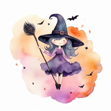 watercolor halloween clipart - watercolor cute witch on broomstick - halloween clipart, single design