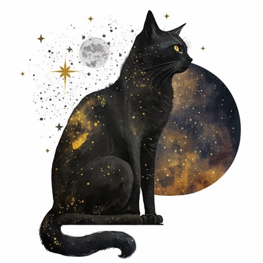 a sitting skinny pagan black cat in front of big starry sky portret, clipart, moon, watercolors, white background, stars, planets, galaxy, magical, ornaments, little golden stars, full body, pictorial space, sparky, golden glitter, oraneg eyes, use Cool Color Palette