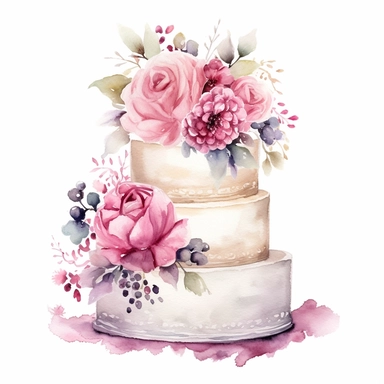 Create a stunning watercolor clipart featuring an exquisite and intricately designed wedding cake. Use a vibrant color palette to bring out the beauty and elegance of the cake. Incorporate delicate details, such as intricate lace patterns, cascading flowers, and ornate tiers. Apply gentle brushstrokes and blending techniques to achieve a soft and dreamy watercolor effect.