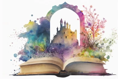 Watercolor Fantasy Books Clipart, Open Book Clip Art, old books, in the style of technicolor dreamscape,Magic Books, hd, on white background, no text, magical, flowers, castle, house