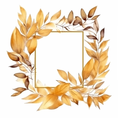 beautiful golden elegant simple square golden foliage frame, clipart watercolour style, isolated white background, 8k