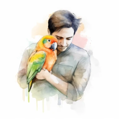 Adorable pet Lovebird having happy moment with it's human owner, water color style, clipart, white background