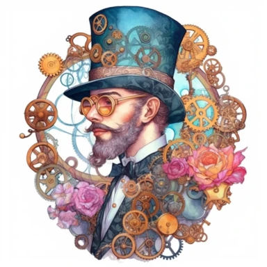 A masculine in sweet steampunk style, water color style, pinks, oranges, blues, teal, and liquid gold, watercolor illustrations, white background, clean and elegant, sinister beauty, very detailed, victorian-inspired illustrations, watercolor illustration clipart, watercolor clipart, serge Marshhennikov, victor nizovtsev, i can't believe how beautiful this is