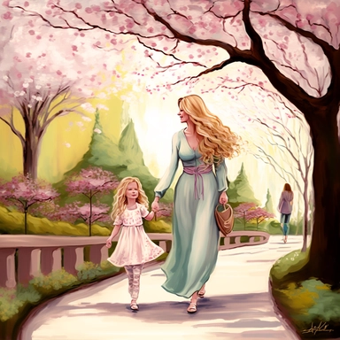 beautiful young pregnant mother with long beautiful blonde hair and toddler daughter with beautiful ong auburn hair holding hands walking in park, flowering trees, path lined with benches, highly detailed, realistic, fantasy, ethereal, soft colors, sharp focus, clipart style , Tranquil Finesse. Refinement and allure in every glance, Hair that cascades like a waterfall, Turquoise and pink tints in symphony, Purple blossoms and fresh vibe enthral.