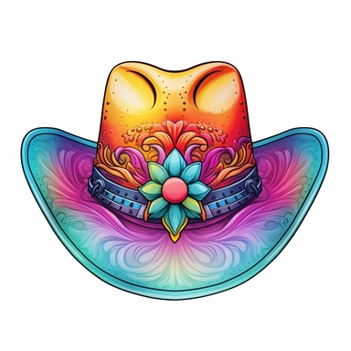 Cowgirl hat, style by Lisa Frank, watercolor, smooth gradients, black contour outline, ultra detailed, clipart elements, vibrant colors, solid white background, super clear, high quality