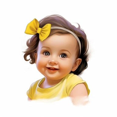 Adorable, cute, caucasian, baby girl, happy, smiling, wearing a yellow shirt and a satin ribbon in her hair, extreme focus, professional artists rendition, no text, no logo, no name, no letters, Highly Detailed, clip art, white background, smooth edges, f