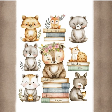 cute little animal reading an open book Watercolor Bookworm cozy reading corner clipart bundle, bookshelf, bookcase, aesthetic, png, clipart bundle, library, interior, 8k, 3024x3536