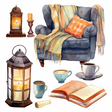 Blanket, cup of coffee, open book, candle, vintage lantern, cushions, vase, Reading Corner cozy, clipart on a white background, an illustration of by Annabel Kidston, shutterstock contest winner, generative art, detailed painting, digital illustration, intricate in details, photoillustration isolated on white background, digital watercolor , style by Lucy Fleming, watercolor, smooth gradients, black contour outline, ultra detailed, clipart elements, delicate pastel colors, solid white background