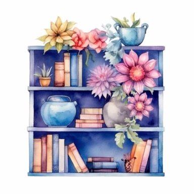 watercolor style, a bookshelf with multiple books, flowers and other decorations on it, realistic, delicate shades, clipart, isolated on white background, 4K