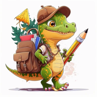 A dinosaur student wearing a backpack and holding a pencil and notebook at the school, back to school clipart, cartoon children's style, sharp graphic vector art illustration, warm colors, very high details, 8k, white background