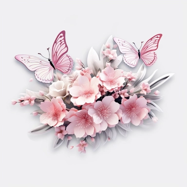 3D exceptionally beautiful pink flowers and butterflies in 3D, clipart, white background