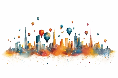 Watercolor, Illustrate a cityscape with balloons forming a vibrant skyline. clipart, hd, on a white background, spaced out