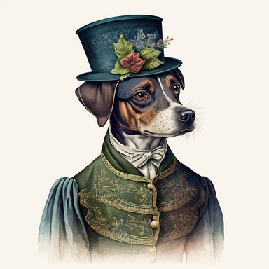 Portrait Shot of a Vintage Anthropomorphic Dog Wearing A Victorian costume Illustration, colorful, 1920s Illustration, Vintage, Antique, Ephemera, Clipart, 8k, Isolated on white