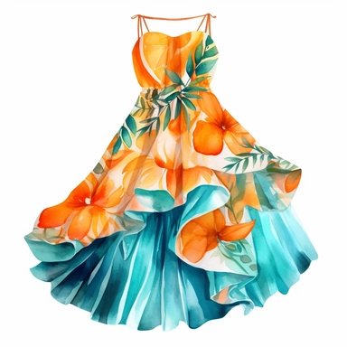 watercolor, hyper realistic, white background, white margins, 16k, ultra detailed clipart, cut out image, hand-drawn, whimsical a flowing, off-the-shoulder dress with a tropical print, perfect for a beach party. vibrant Orange and Turquoise