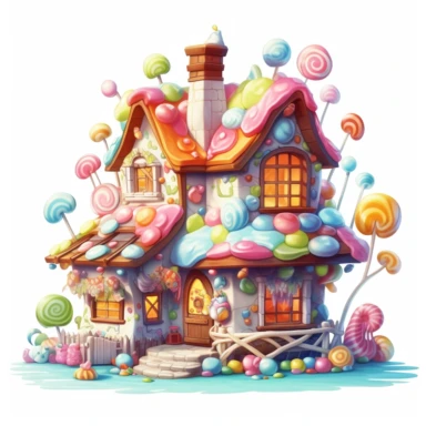 cozy fairytale house made of candies, sweets and marshmallows, full body, pastel rainbow colors, clipart style, accurate details, oil painting technique, super high quality, oil painting professional clipart, high resolution, isolated white background