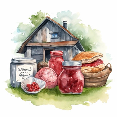 hand drawn country roadside stand in the grass,with Tennessee ham and strawberry jam, very detailed and realistic , watercolor, white background with margins, clipart style
