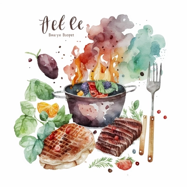 BBQ clip art, watercolor, white background, no caption