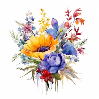 watercolor summer flower group for corner of invitation, clipart isolated on clear white background, bright colors, boho, lithograph, 32k uhd, textural