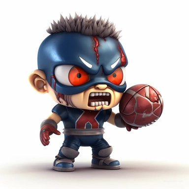 ClipArt of a chibi football player male with an evil smile Glowing red eyes, holding a grenade and a football, wearing a dark-blue ripped-up football, jersey, wearing a cracked football helmet, realism with a white background ar-- 2:3