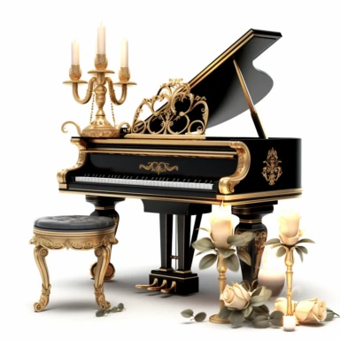 luxury gold piano with a seat,black roses and jewel,candle and one music book digital clipart on white background--s 1000