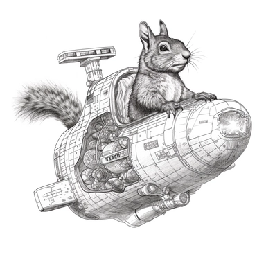 a squirrel driving a spaceship that is shaped like an acorn, black and white sketch, drawing, illustration, vector art, clip art, white background, I can't believe how beautiful this is