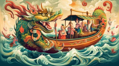 a clipart image of a chinese dragon boat with two people on board, in the style of colorful muralist, childlike illustrations, jacob jordaens, children's book illustrations, mixes realistic and fantastical elements, close-up intensity, joyful celebration of nature,32k uhd