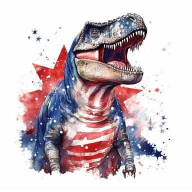 Dinosaurs illustration, black Giganotosaurus, patriotic pattern, Stars and Stripes, red, white, blue, watercolor,2d game art, quadratura, clipart, on white background,