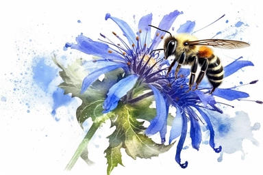 Watercolor, Generate an image of a bee collecting pollen from a borage flower, aiding in the reproduction of the plant, clipart, hd, on a white background, spaced out