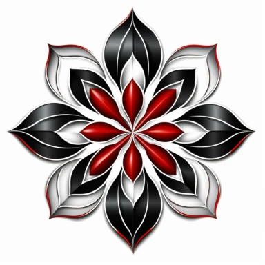 black and white flower clipart with a red center, in the style of intersecting geometries, creative commons attribution, anglo gothic, bentwood, extruded design, high-angle, bloomcore
