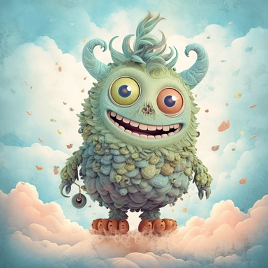 Whimsical CUTE LITTLE MONSTER in the clouds, muted colors, swirls, twists, twirls, metallic, glitter, stylized, funny, centered, airbrushed, digital oil, detailed illustration, clip art, cartoon, 8k,-- ar 9:8