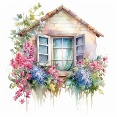 Watercolor spring window with flowers. Countryside summer house clipart white background