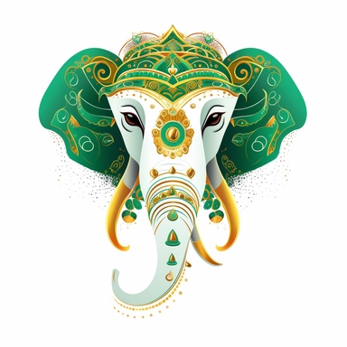 Flat illustration, Delicate embroidery depicts the head of traditional Chinese elephant head dance, with green and gold as the main colors, bright lighting, unimaginable details, a lot of negative white space, uhd, 16k,white background, clipart